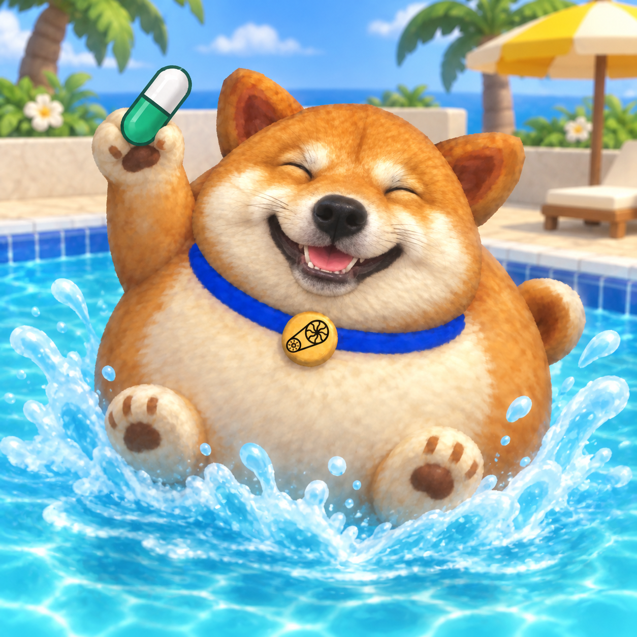 Thicc Boi splashing into a pool with a PUMP capsule
