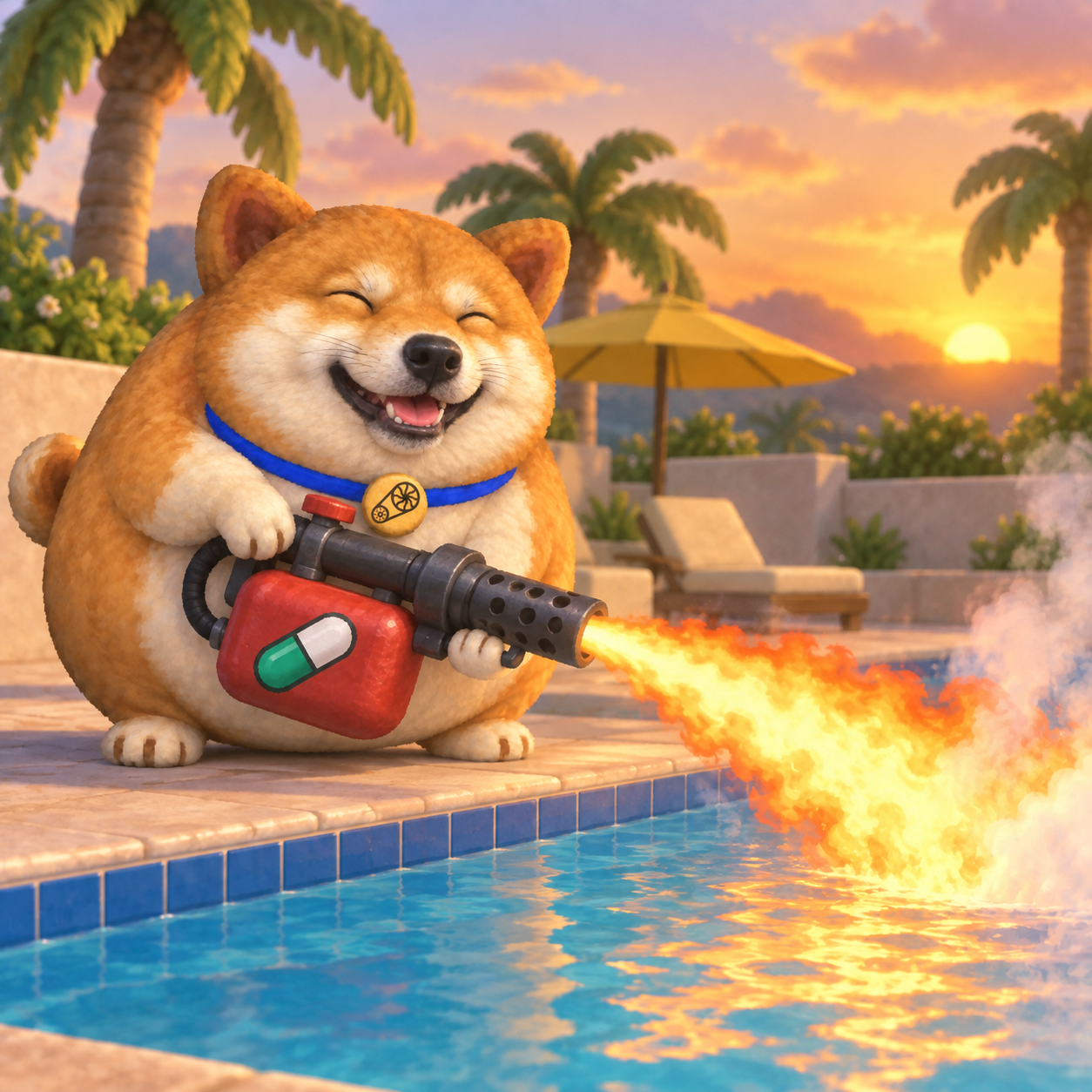 Thicc Boi with a cartoon flamethrower beside the pool
