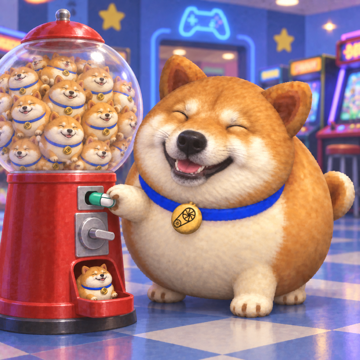 Thicc Boi exchanging a PUMP capsule for a miniature Thicc Boi