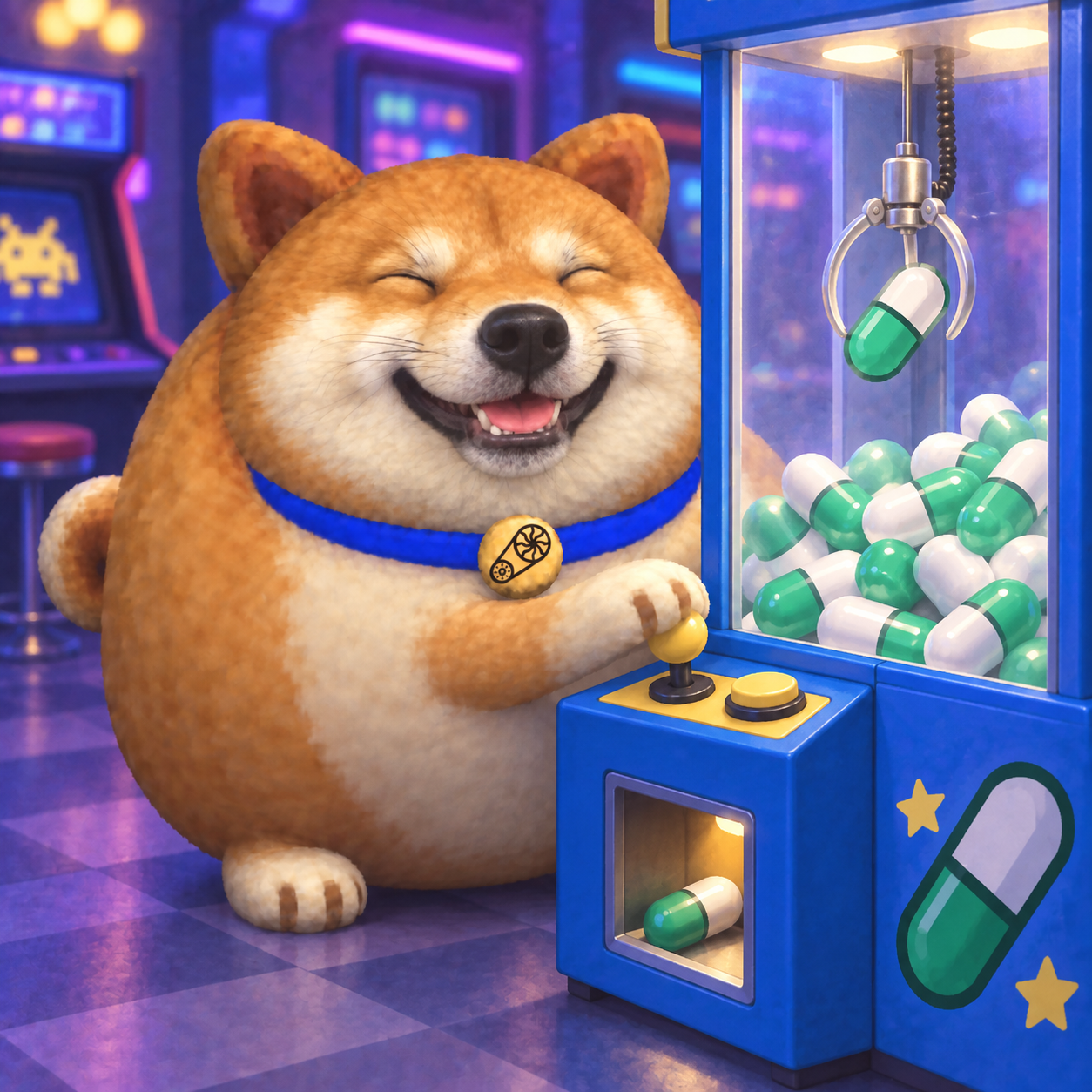 Thicc Boi collecting a PUMP capsule from an arcade claw machine